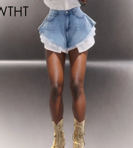 Women's Patchwork Hem Wash Denim Shorts Summer Trendy High Waist A-line Shorts