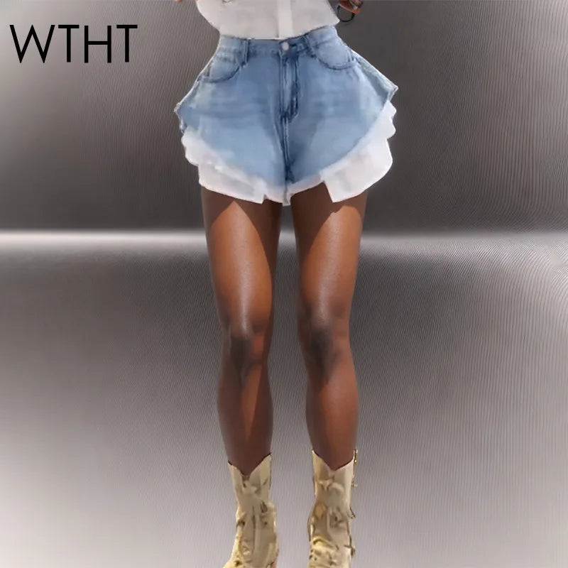 Women's Patchwork Hem Wash Denim Shorts Summer Trendy High Waist A-line Shorts