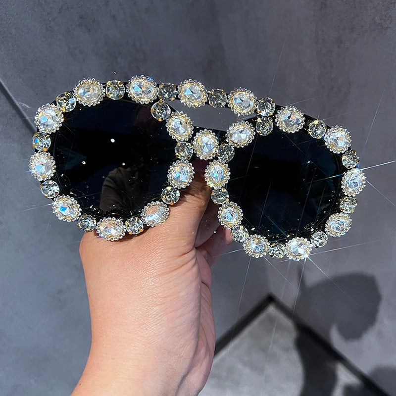 Oversized Vintage Sunglasses Women Luxury Gem Green Diamond Like SUV400