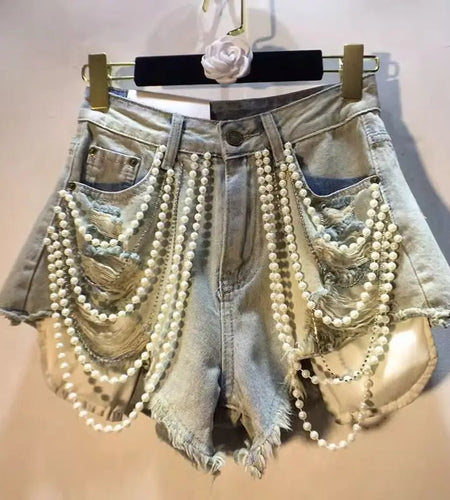 Trendy Women's  Pearl Chain Denim Shorts 2026 Summer High Waist A-line