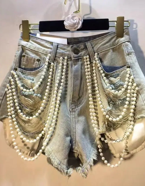 Load image into Gallery viewer, Trendy Women's  Pearl Chain Denim Shorts 2026 Summer High Waist A-line
