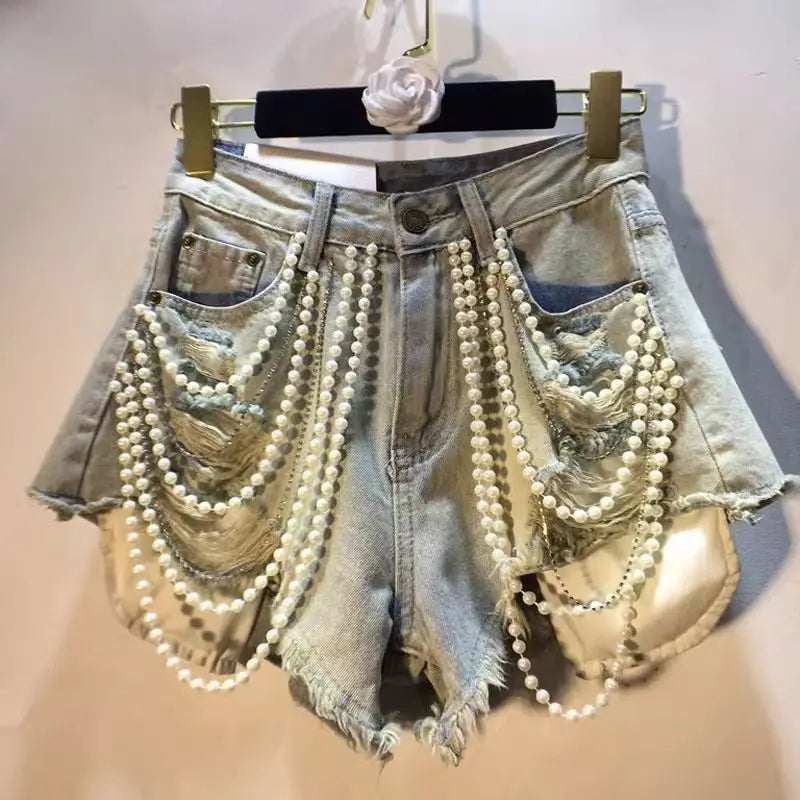 Trendy Women's  Pearl Chain Denim Shorts 2026 Summer High Waist A-line
