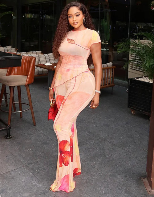 Load image into Gallery viewer, Floral Print 2-Piece Set for Women O-Neck Irregular Hem Top with Flare Pants High Stretch Polyester Elastic Waist Casual Suit
