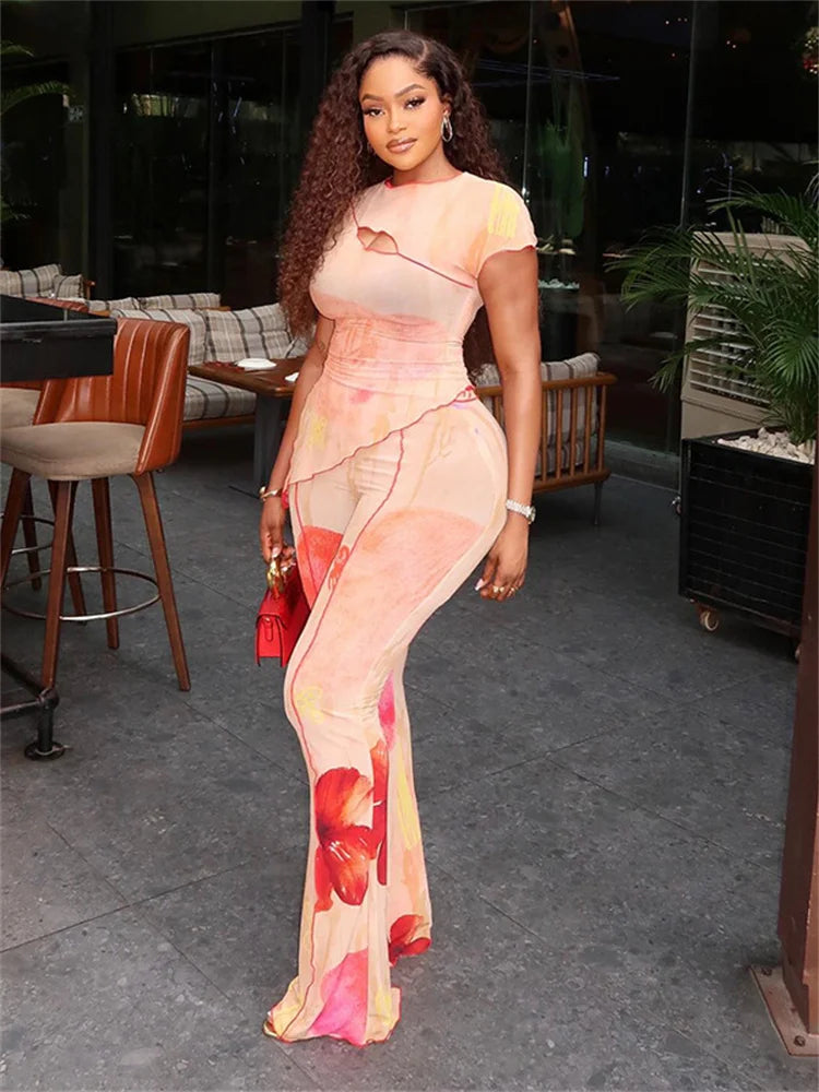 Floral Print 2-Piece Set for Women O-Neck Irregular Hem Top with Flare Pants High Stretch Polyester Elastic Waist Casual Suit