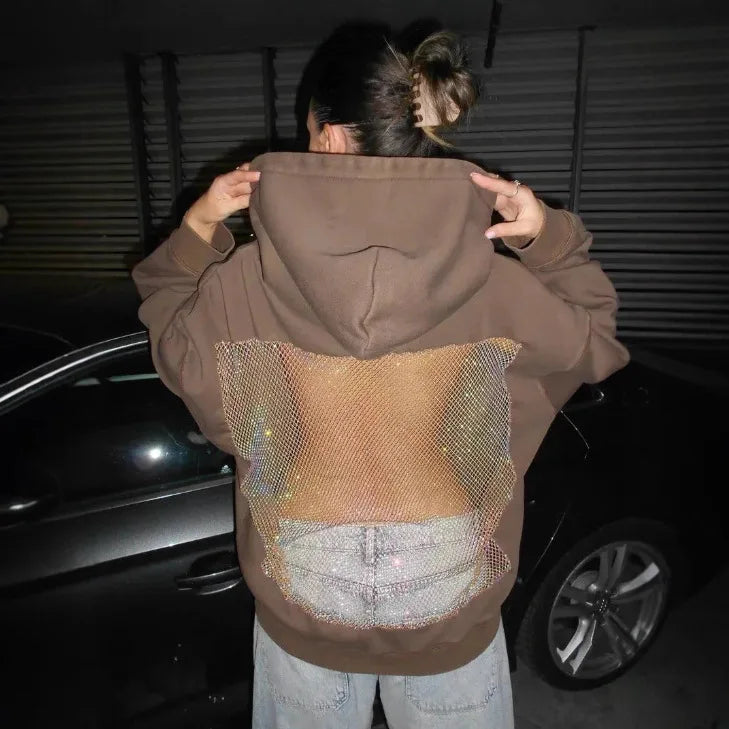 Streetwear Trendy Hoodie Women Fashion Solid Color See Through Backless Hooded Pullover Sweatshirt Female