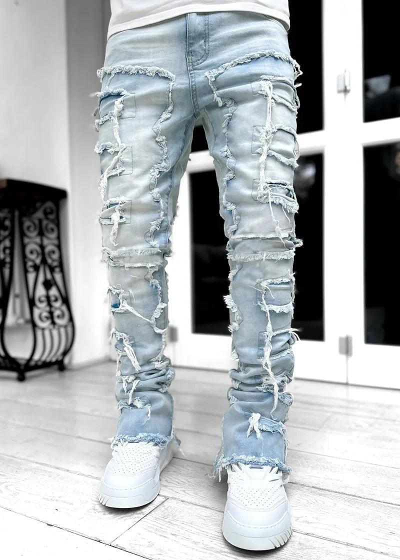 Men's Regular Fit Stacked Jeans Ripped Slim Fit Distressed Destroyed Straight Denim Pants Hip Hop Streetwear