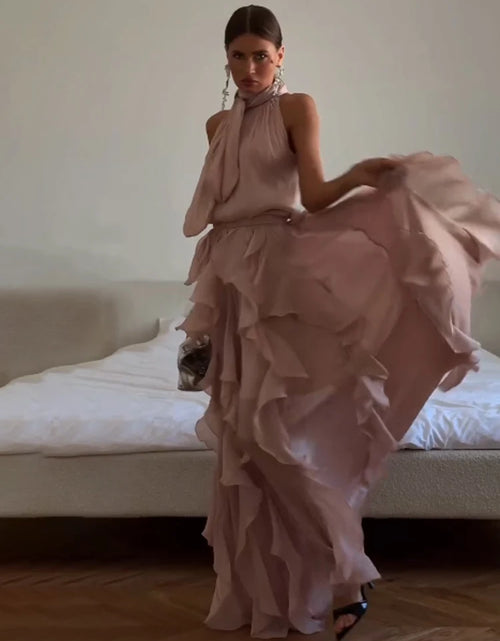 Load image into Gallery viewer, Women's Sleeveless Halter Neck Ruffle Maxi Dress Elegant Chiffon Tiered Waist Cinching Ankle-Length Solid Color Party Dress
