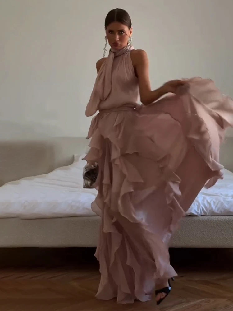 Women's Sleeveless Halter Neck Ruffle Maxi Dress Elegant Chiffon Tiered Waist Cinching Ankle-Length Solid Color Party Dress