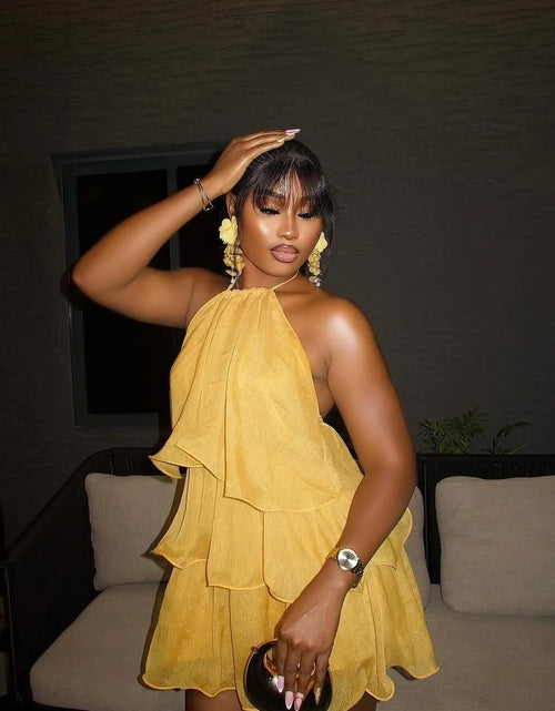 Load image into Gallery viewer, Women Summer Backless Yellow  Dress Sexy Halter  Ruffles Tiered Mini Beach Dress 2026

