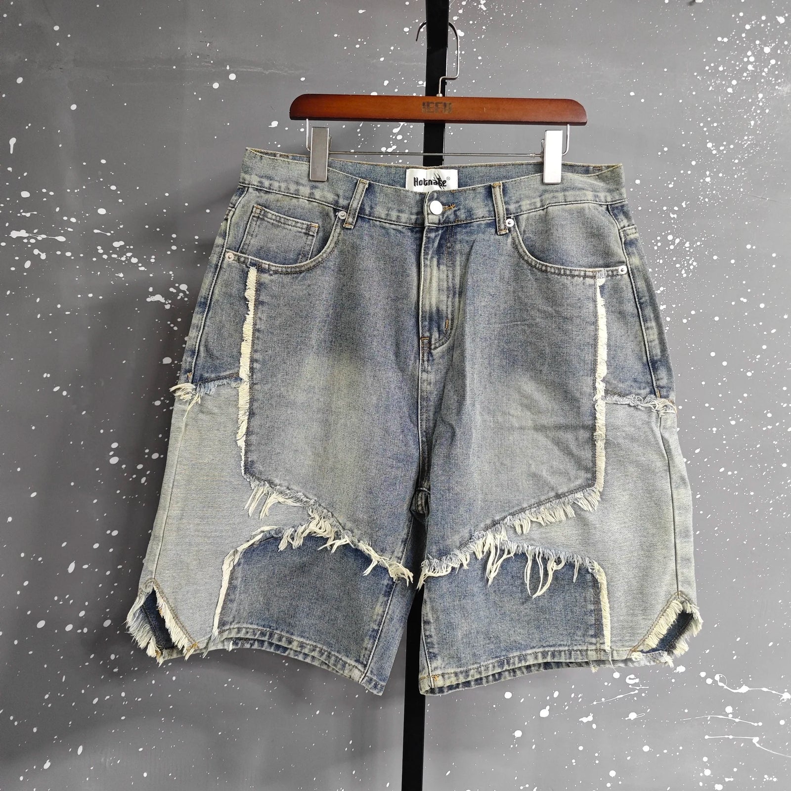 2026 Summer Pentagram Pattern Men's  Mid Length Denim Shorts American High Street Straight
