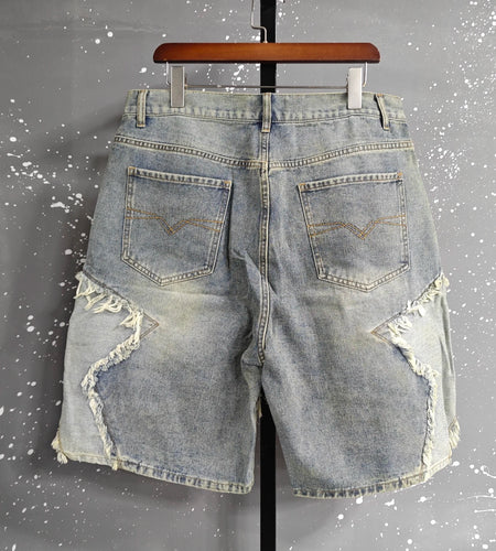 2026 Summer Pentagram Pattern Men's  Mid Length Denim Shorts American High Street Straight