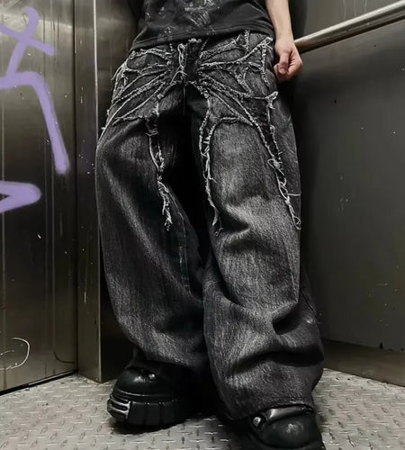 Men's Gothic Retro Baggy Y2K Phantom Jeans High Street Spider Embroidered Patch