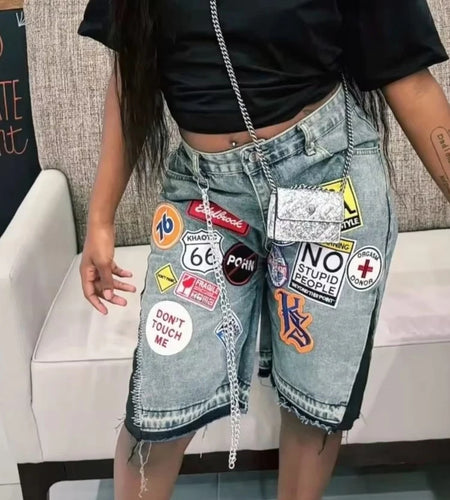 Retro Blue Streetwear Patchwork Denim Short Y2K Jeans Women Hip Hop Cartoon Graphics Loose Metal Denim Shorts