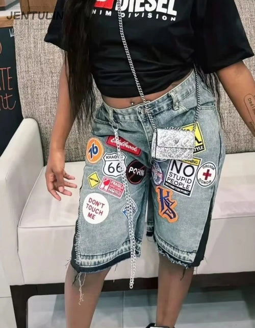 Load image into Gallery viewer, Retro Blue Streetwear Patchwork Denim Short Y2K Jeans Women Hip Hop Cartoon Graphics Loose Metal Denim Shorts
