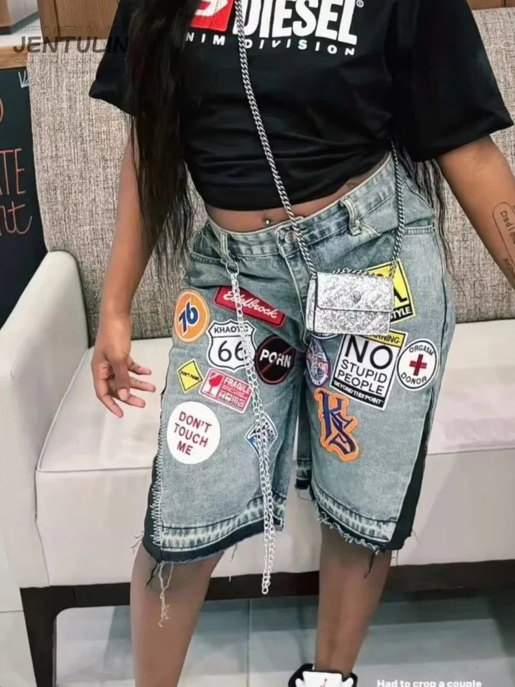 Retro Blue Streetwear Patchwork Denim Short Y2K Jeans Women Hip Hop Cartoon Graphics Loose Metal Denim Shorts