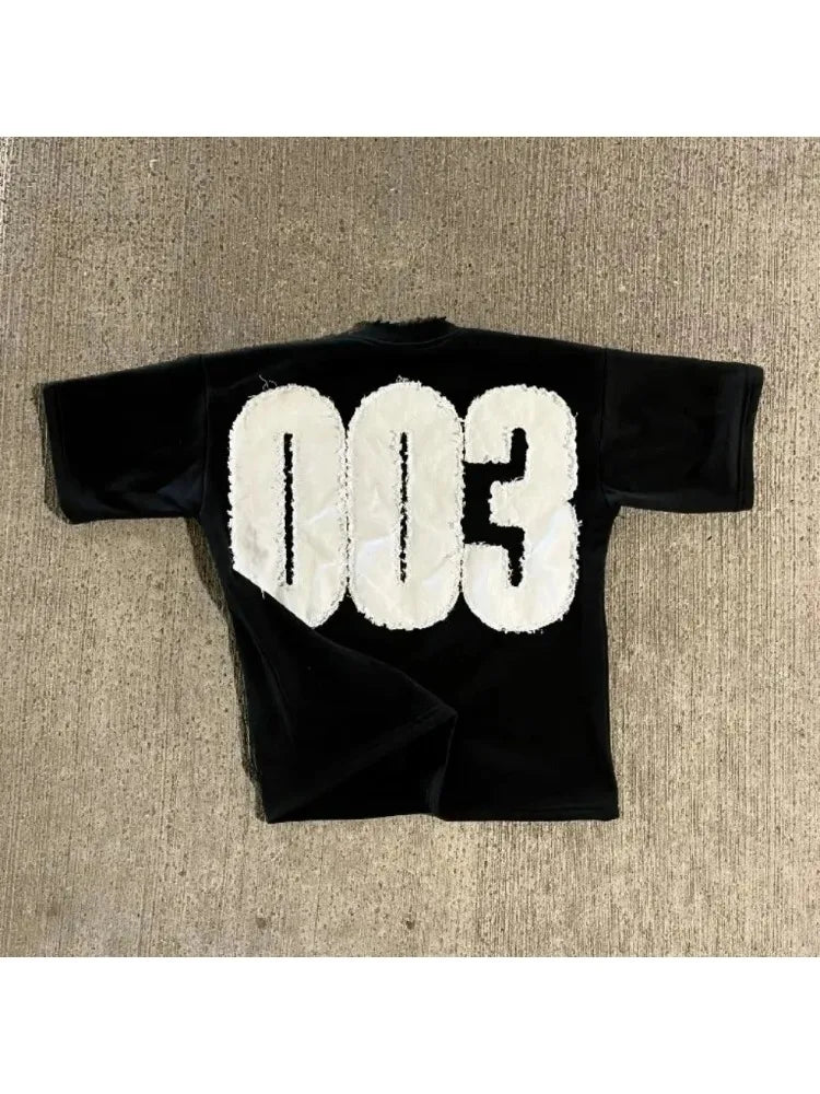 Men's Number 003 Graphic Patch Oversized T Shirt Goth Cotton Short Sleeve Y2K Tops