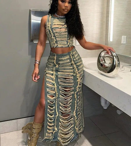 Streetwear Ripped Hole Denim Two Piece Set for Women Sleeveless Crop Top and Side Slit Long Skirt Sets Jean