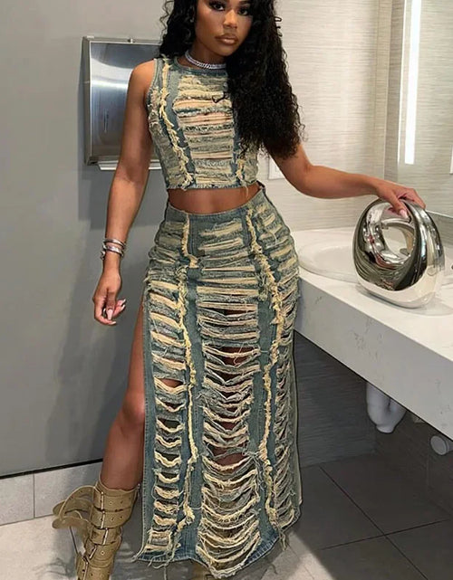Load image into Gallery viewer, Streetwear Ripped Hole Denim Two Piece Set for Women Sleeveless Crop Top and Side Slit Long Skirt Sets Jean

