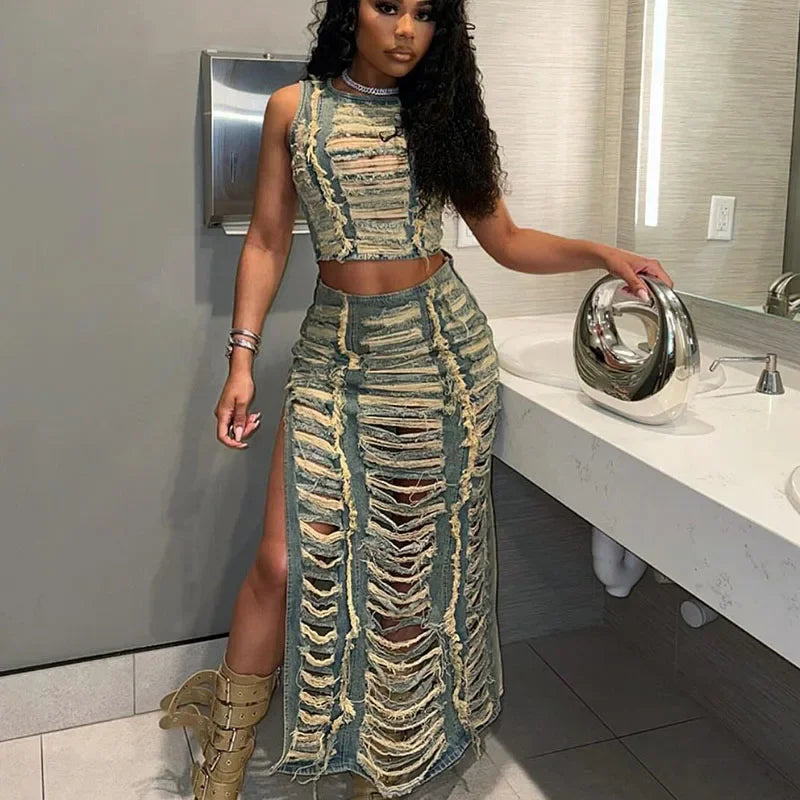 Streetwear Ripped Hole Denim Two Piece Set for Women Sleeveless Crop Top and Side Slit Long Skirt Sets Jean