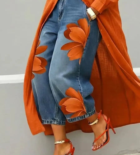 2026 Streetwear Women's Floral Print High Waist Jeans Loose Fit Cropped Wide Leg Denim Pants Casual Trendy Plus Size Trousers