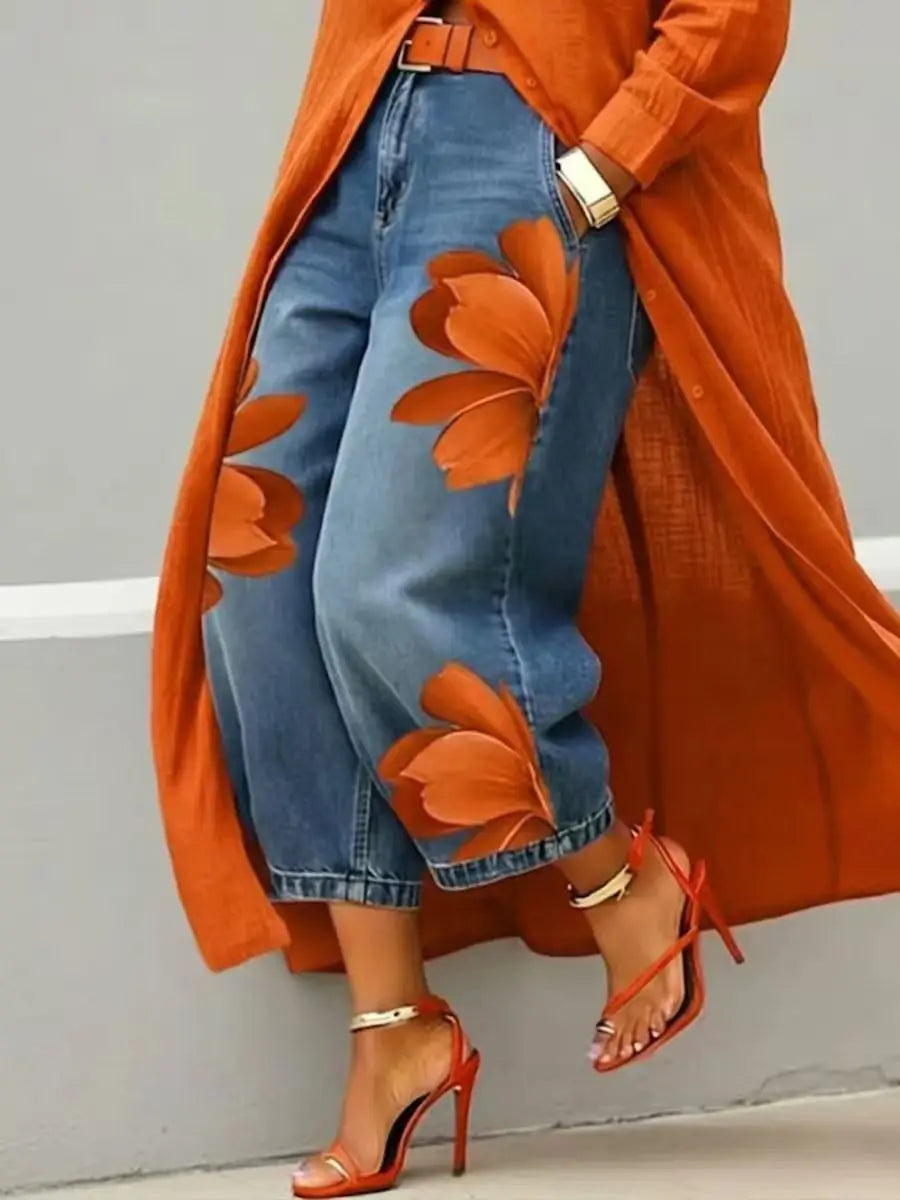 2026 Streetwear Women's Floral Print High Waist Jeans Loose Fit Cropped Wide Leg Denim Pants Casual Trendy Plus Size Trousers