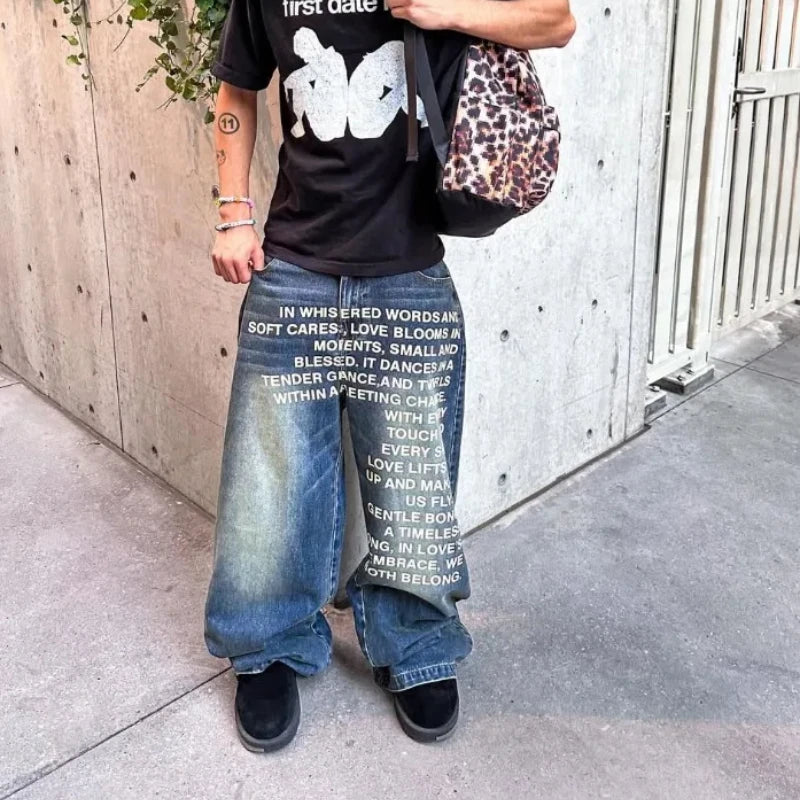 Men's retro Unique patterned alphabet  jeans personalized street clothing