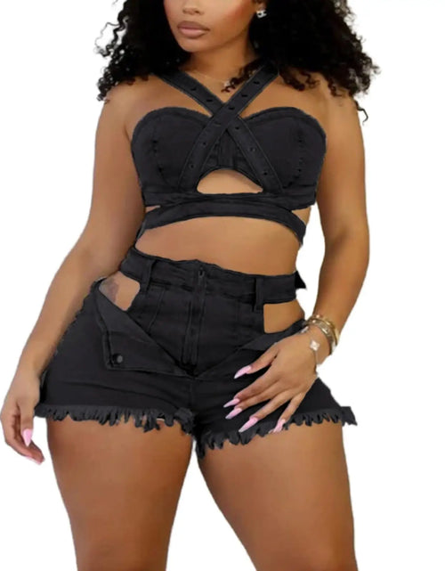Load image into Gallery viewer, Women's Sexy Denim Halter Neck Crop Tops and Ripped Out Shorts Jeans
