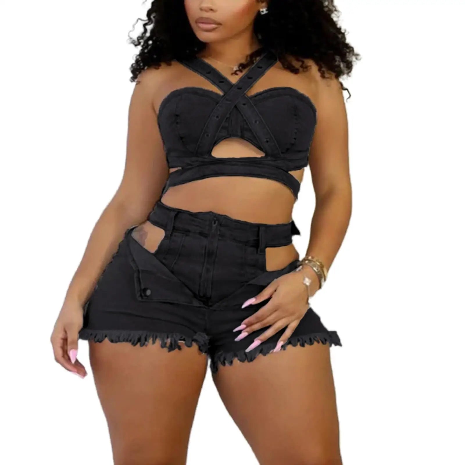 Women's Sexy Denim Halter Neck Crop Tops and Ripped Out Shorts Jeans