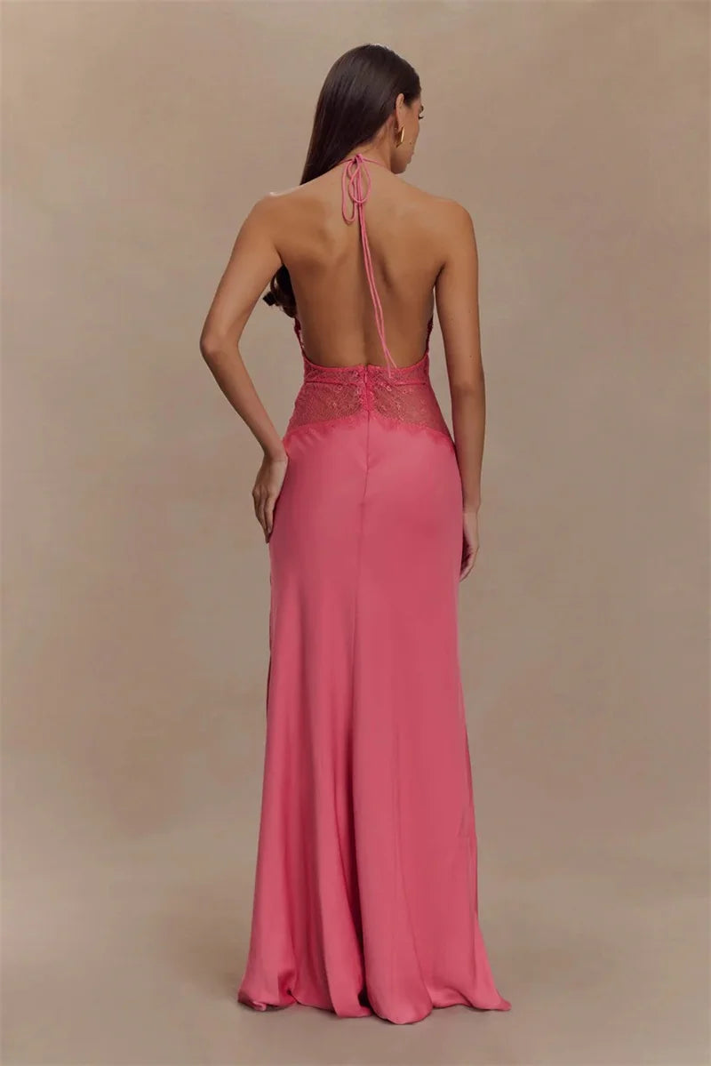 Summer Sexy Maxi Dress Women's Backless Lace Halter Deep V Neck Sleeveless High Waist Elegant Long Gown Floor-Length Polyester