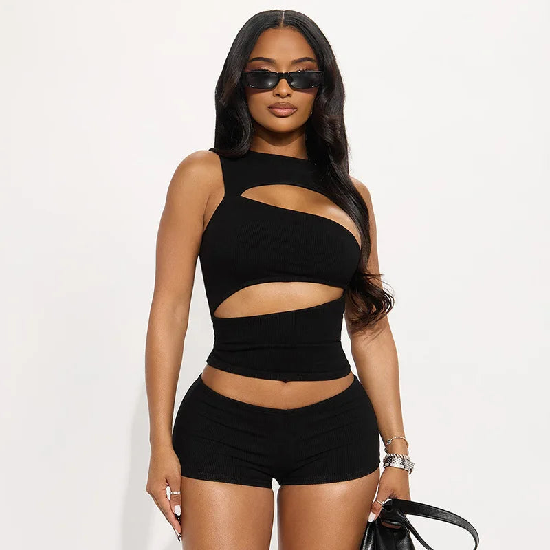 Women's Sexy Hollow-out Two Piece Sets Sleeveless Crop Top + Shorts