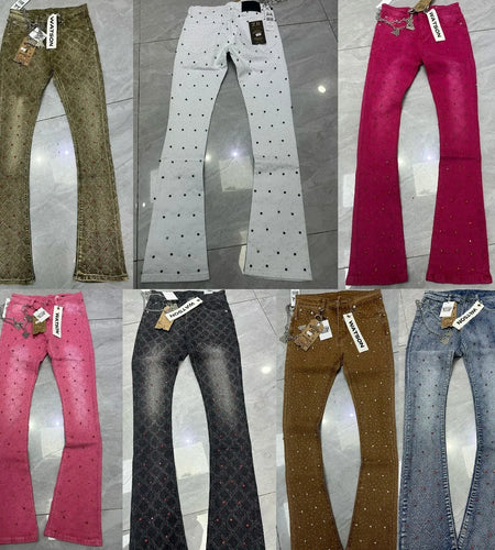2026 Rhinestone Men's High Street quality Slim Fit Skinny long Denim Flared Jeans Pants