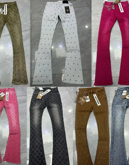 Load image into Gallery viewer, 2026 Rhinestone Men's High Street quality Slim Fit Skinny long Denim Flared Jeans Pants
