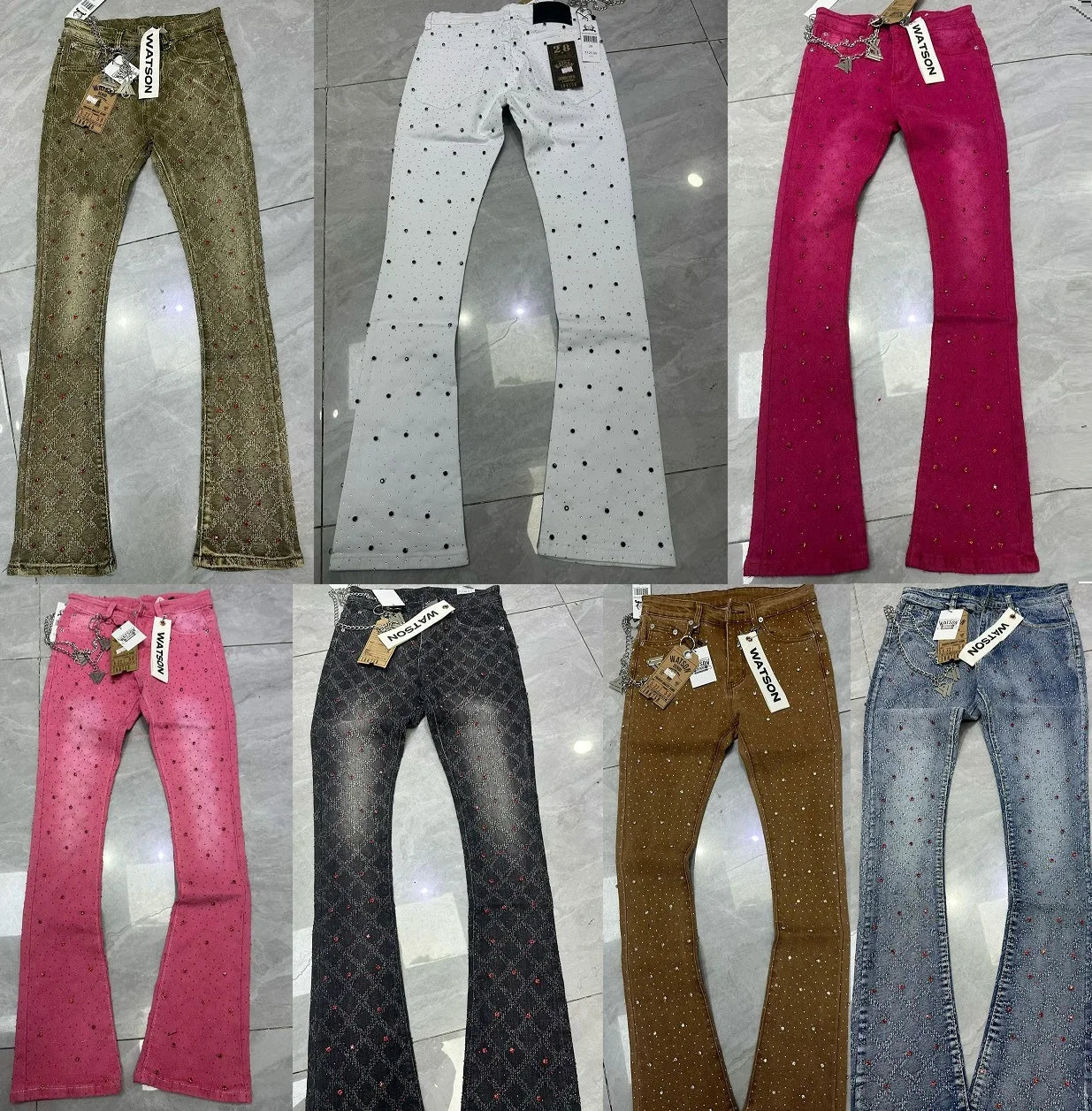 2026 Rhinestone Men's High Street quality Slim Fit Skinny long Denim Flared Jeans Pants