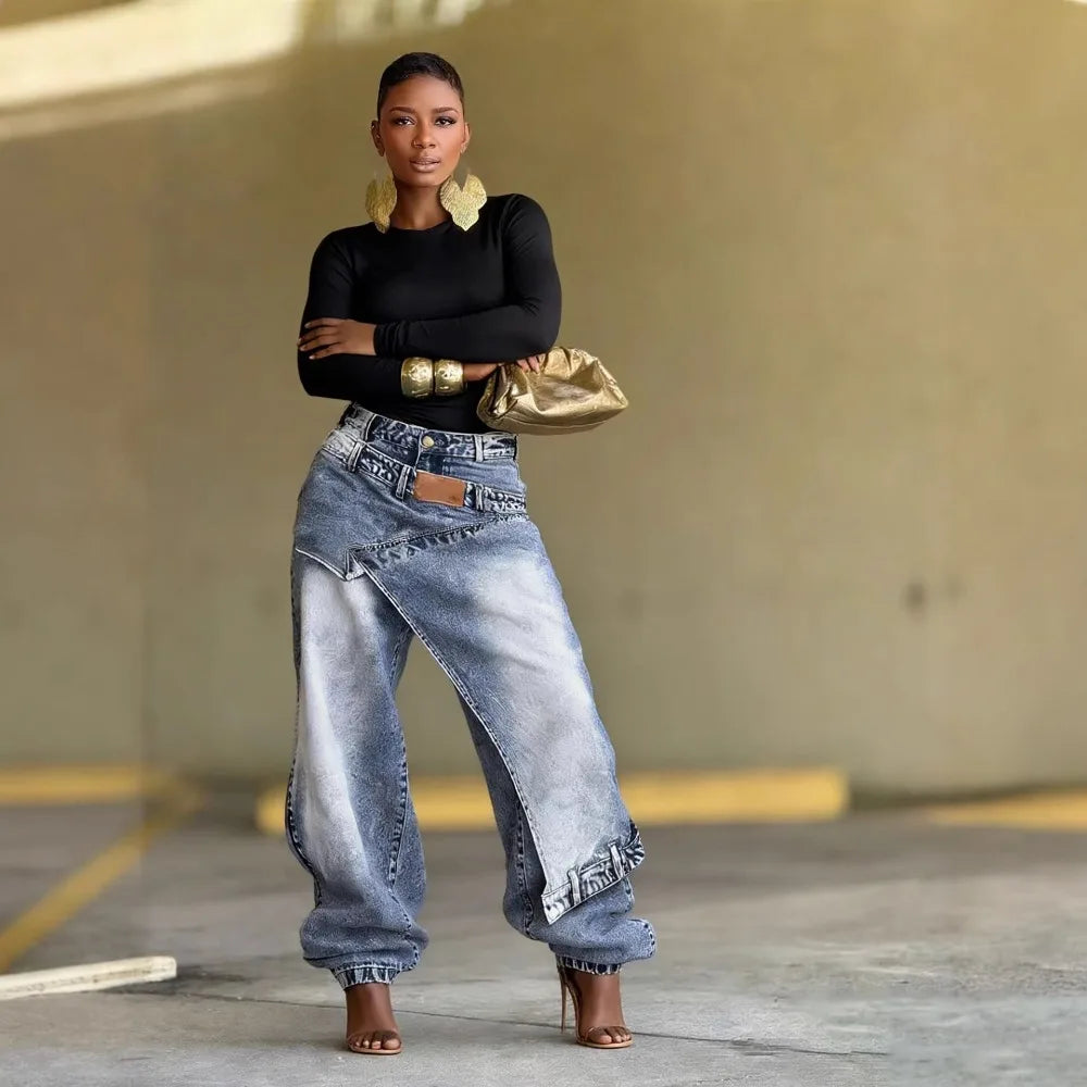 Women Straight Pants Jeans Long Length Tassels Trousers Stretch Mid Waist Washed Vintage Distressed