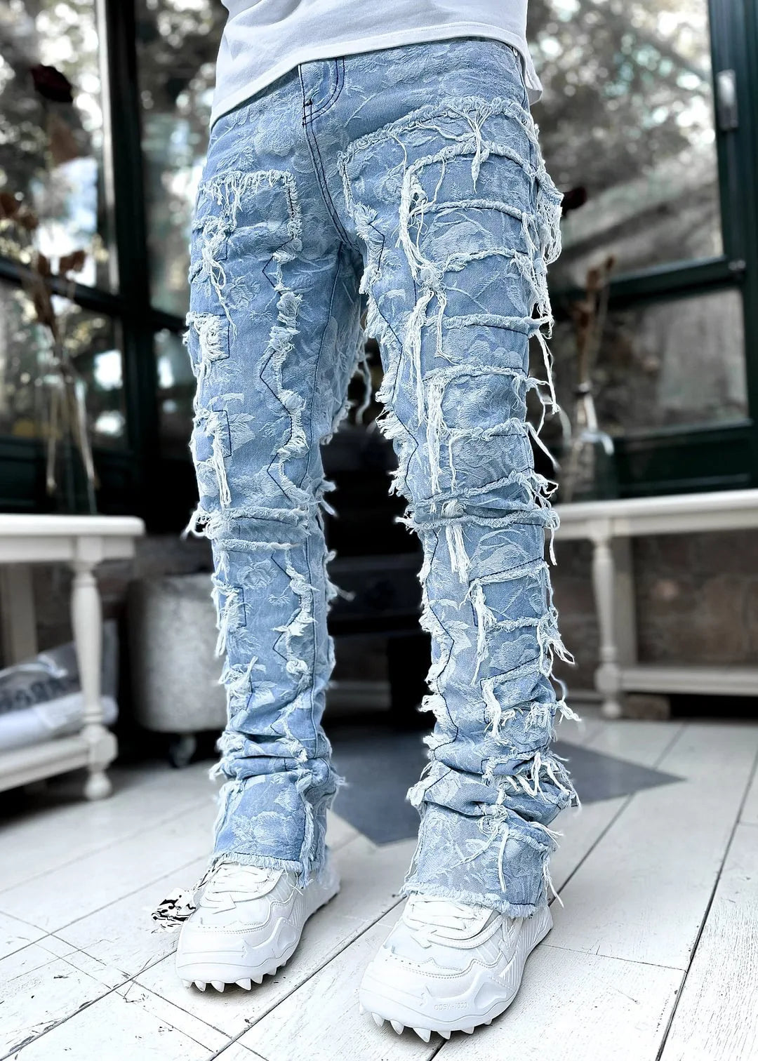 Men's Regular Fit Stacked Jeans Ripped Slim Fit Distressed Destroyed Straight Denim Pants Hip Hop Streetwear