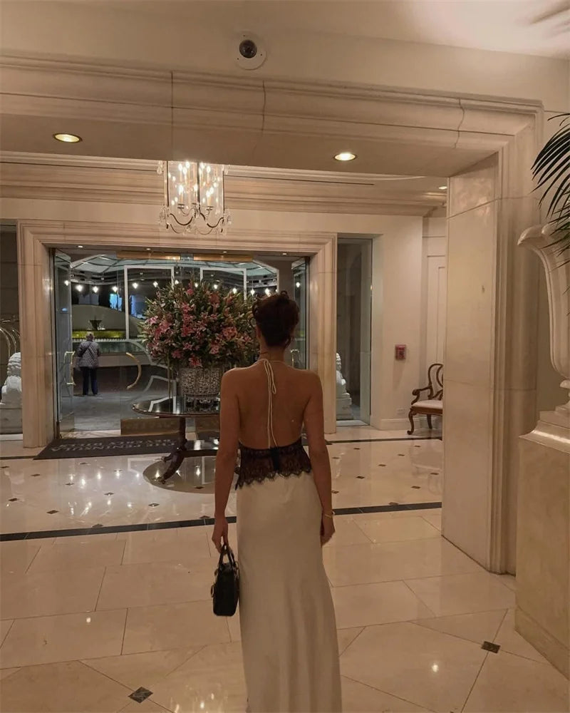 Summer Sexy Maxi Dress Women's Backless Lace Halter Deep V Neck Sleeveless High Waist Elegant Long Gown Floor-Length Polyester