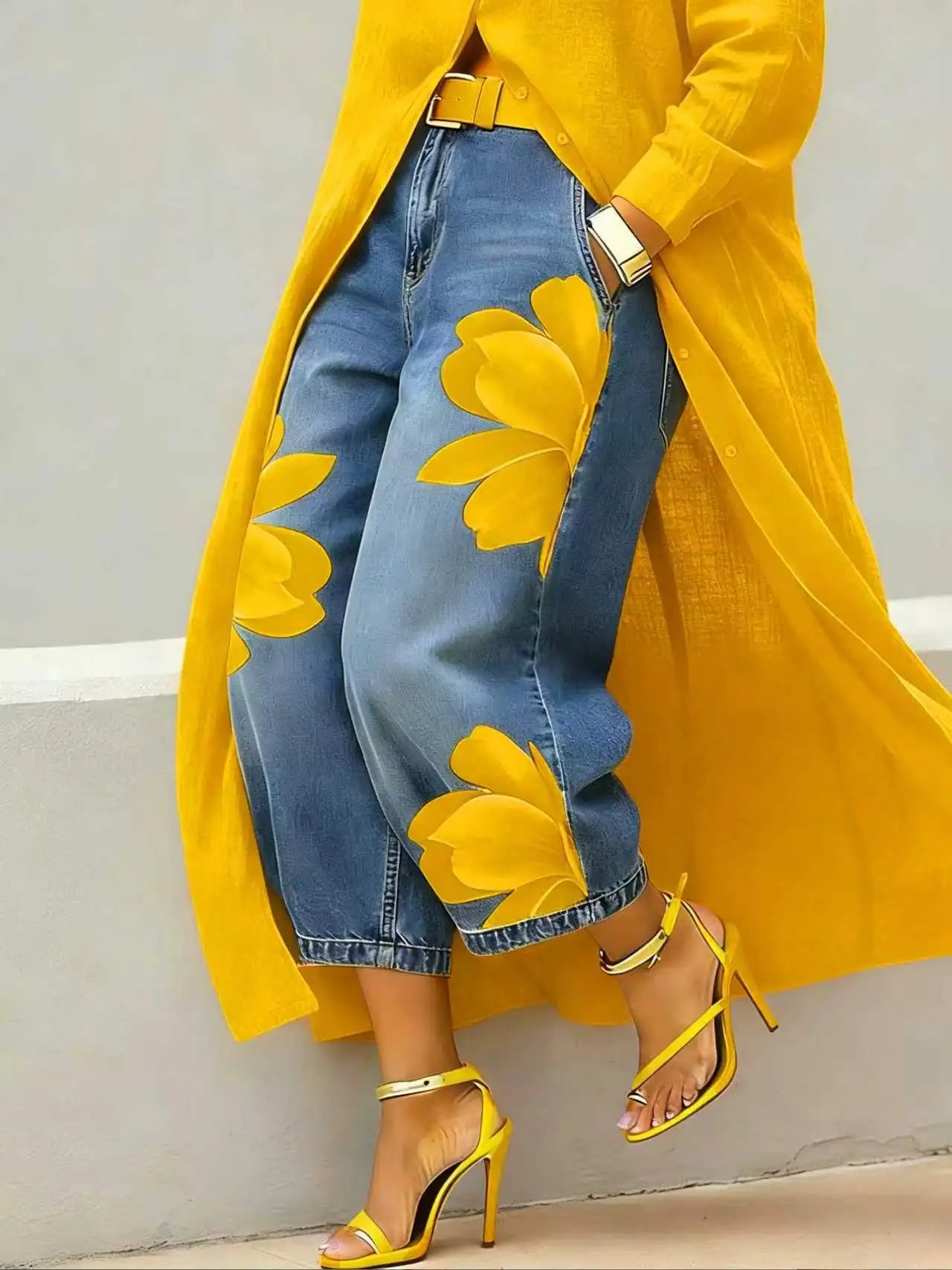 2026 Streetwear Women's Floral Print High Waist Jeans Loose Fit Cropped Wide Leg Denim Pants Casual Trendy Plus Size Trousers