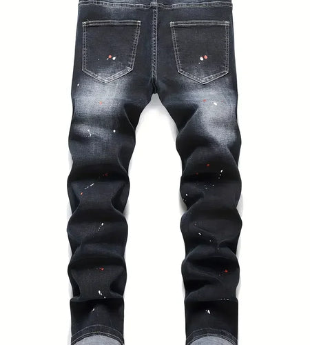 Men Stretchy Denim jeans Ripped Skinny Letter Print Slightly Distressed Slim Fit Denim Hip Hop Trousers