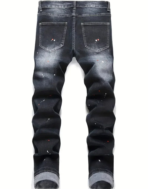 Load image into Gallery viewer, Men Stretchy Denim jeans Ripped Skinny Letter Print Slightly Distressed Slim Fit Denim Hip Hop Trousers
