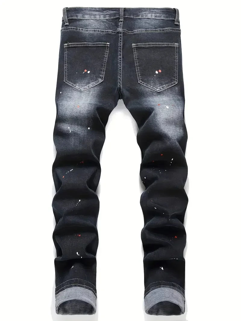 Men Stretchy Denim jeans Ripped Skinny Letter Print Slightly Distressed Slim Fit Denim Hip Hop Trousers