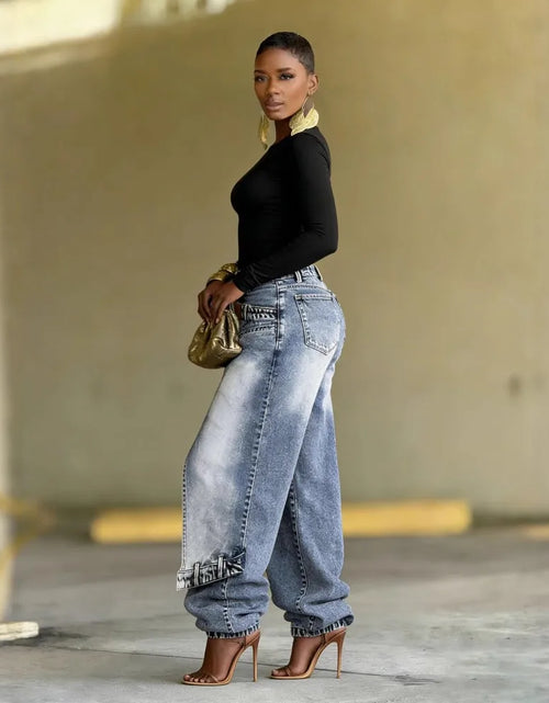 Load image into Gallery viewer, Women Straight Pants Jeans Long Length Tassels Trousers Stretch Mid Waist Washed Vintage Distressed
