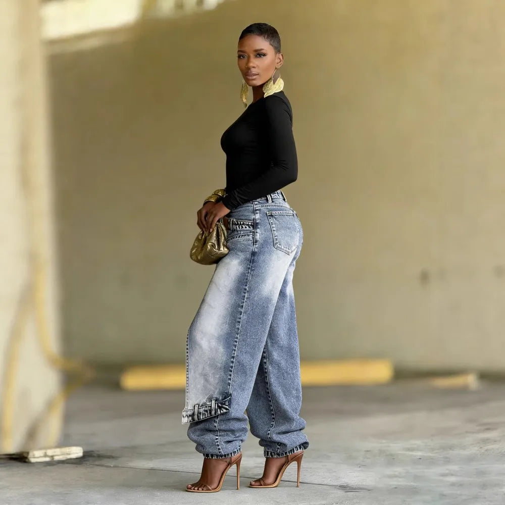 Women Straight Pants Jeans Long Length Tassels Trousers Stretch Mid Waist Washed Vintage Distressed