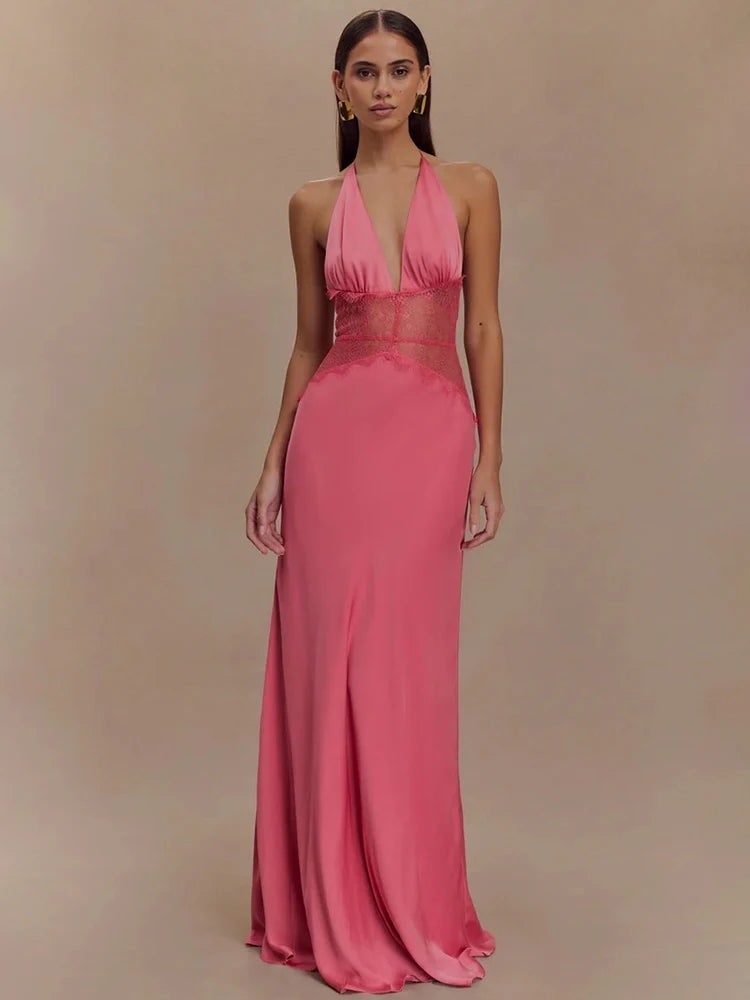 Summer Sexy Maxi Dress Women's Backless Lace Halter Deep V Neck Sleeveless High Waist Elegant Long Gown Floor-Length Polyester