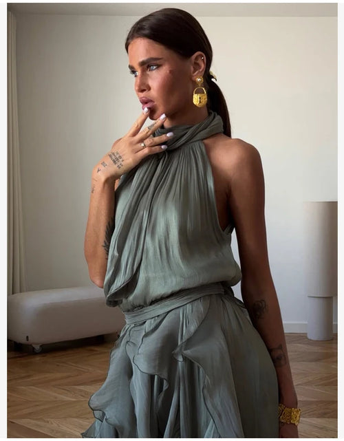 Load image into Gallery viewer, Women's Sleeveless Halter Neck Ruffle Maxi Dress Elegant Chiffon Tiered Waist Cinching Ankle-Length Solid Color Party Dress
