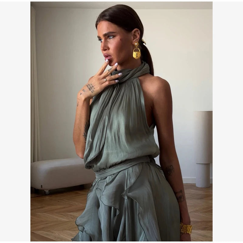 Women's Sleeveless Halter Neck Ruffle Maxi Dress Elegant Chiffon Tiered Waist Cinching Ankle-Length Solid Color Party Dress