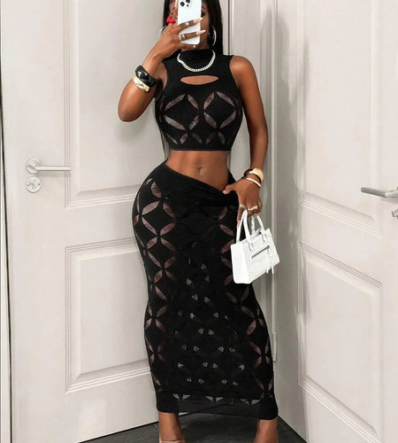 Women's Sexy Two Piece Set See Through Mesh Hollow Out Crop Tank & High Waist Bodycon Mini Skirt Stretchy Clubwear