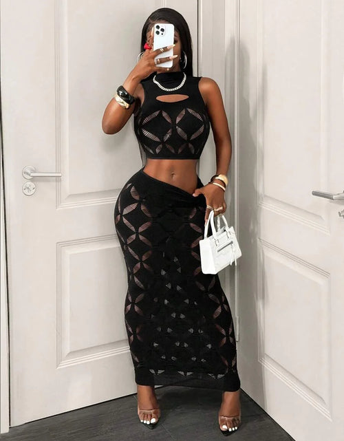 Load image into Gallery viewer, Women's Sexy Two Piece Set See Through Mesh Hollow Out Crop Tank &amp; High Waist Bodycon Mini Skirt Stretchy Clubwear
