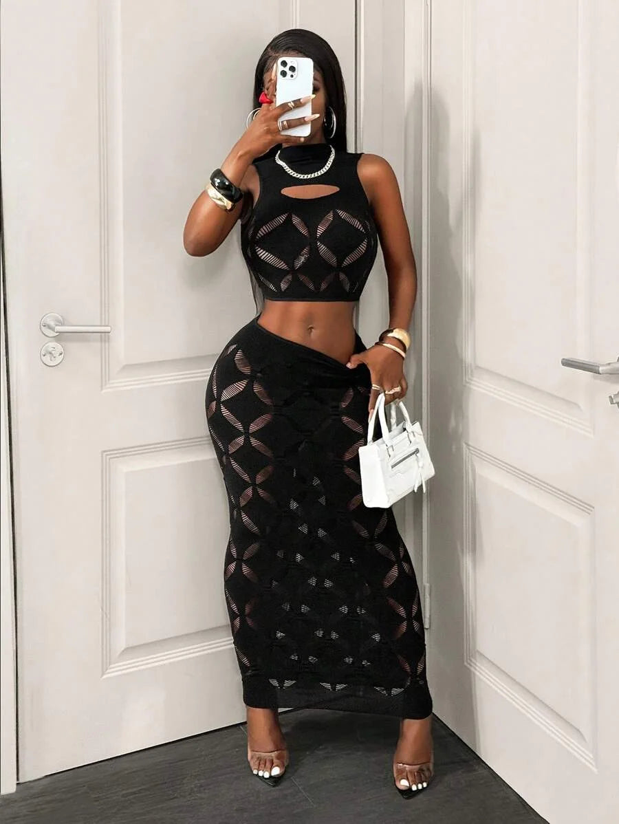 Women's Sexy Two Piece Set See Through Mesh Hollow Out Crop Tank & High Waist Bodycon Mini Skirt Stretchy Clubwear