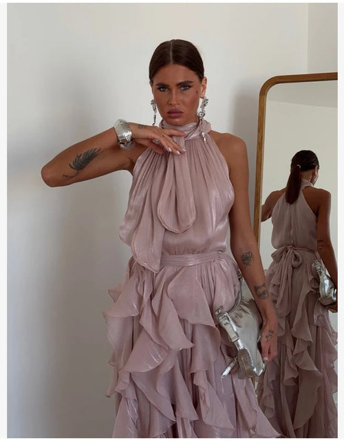 Load image into Gallery viewer, Women's Sleeveless Halter Neck Ruffle Maxi Dress Elegant Chiffon Tiered Waist Cinching Ankle-Length Solid Color Party Dress
