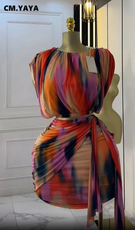 Women's Tie Dye Printed Women's Set Scrunched Short Sleeve Top 2 Piece Sets Outfit